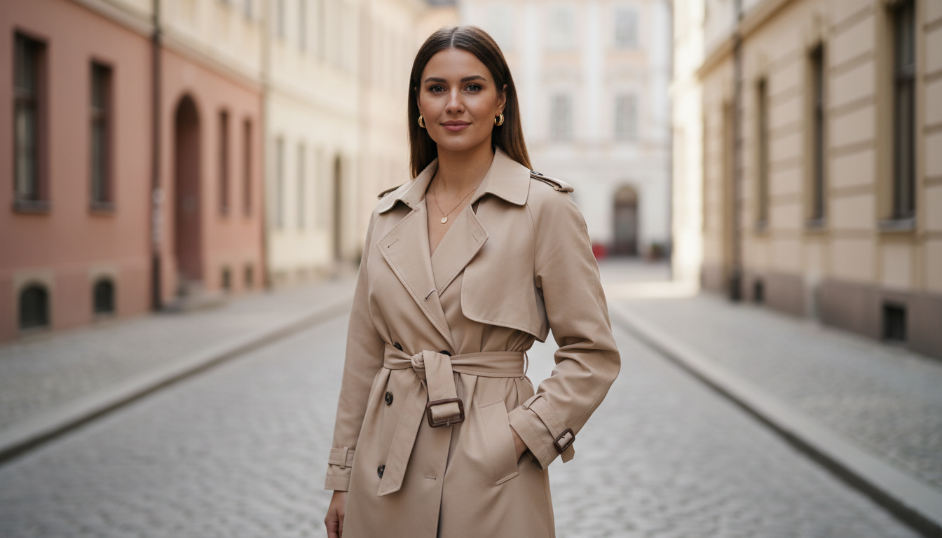 Девушка в классическом бежевом тренче, завязанном небрежным узлом