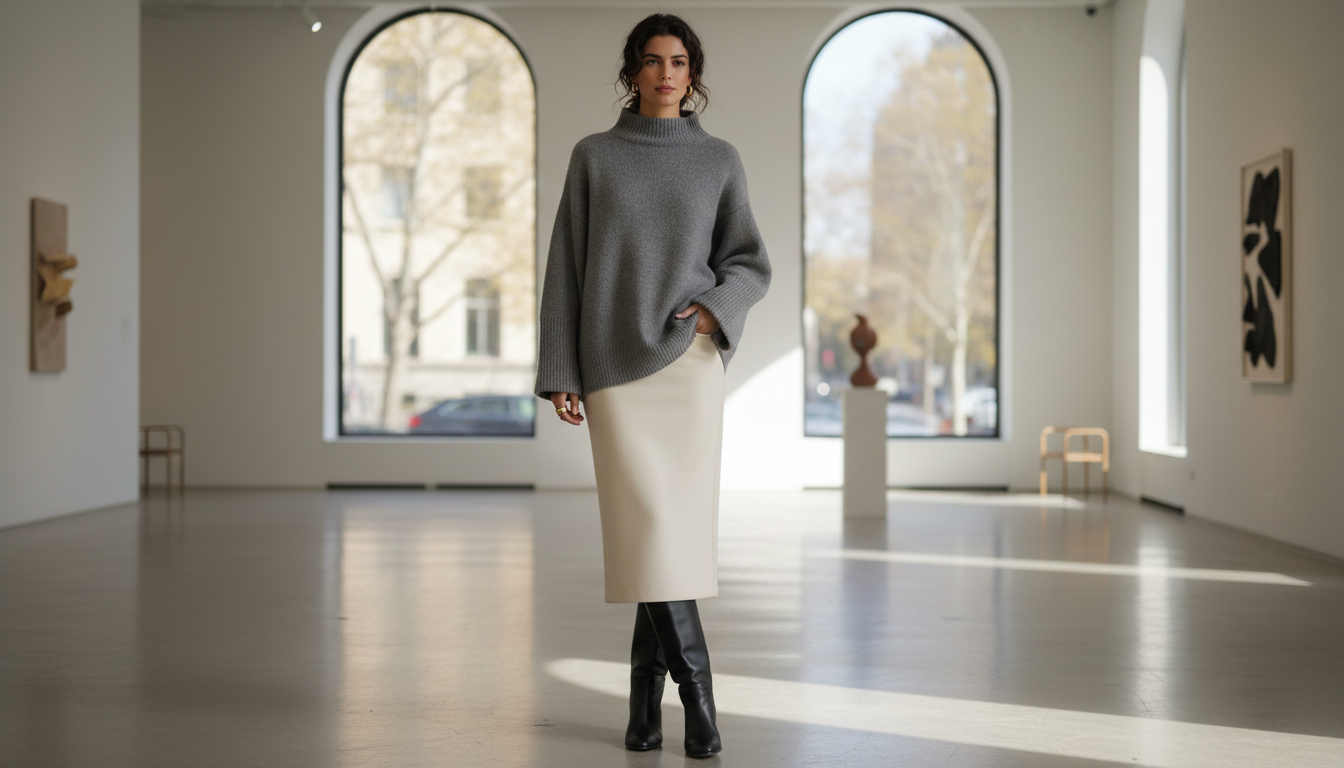 Девушка в длинной юбке-карандаш и высоких сапогах, с объемным свитером
