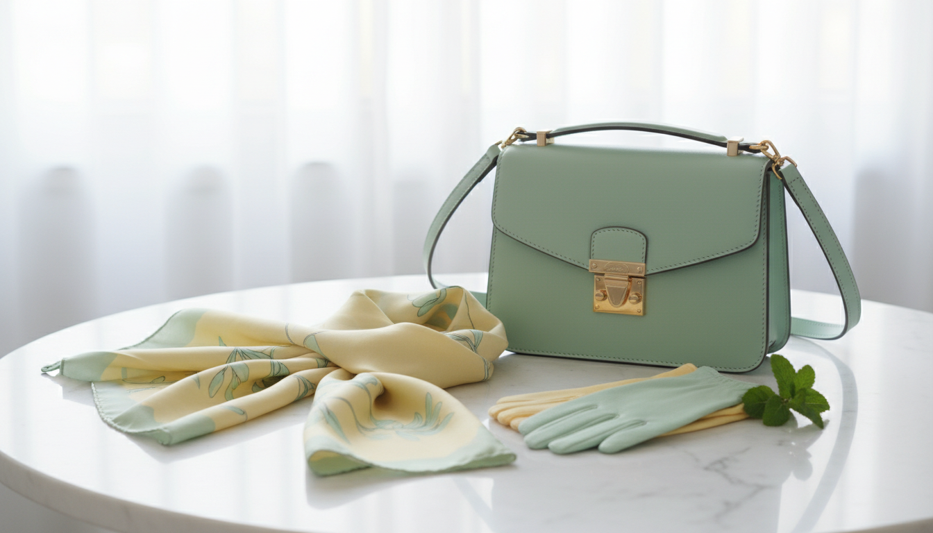 Подборка аксессуаров бледно-лимонного и мятного цветов: шарф, сумка, перчатки