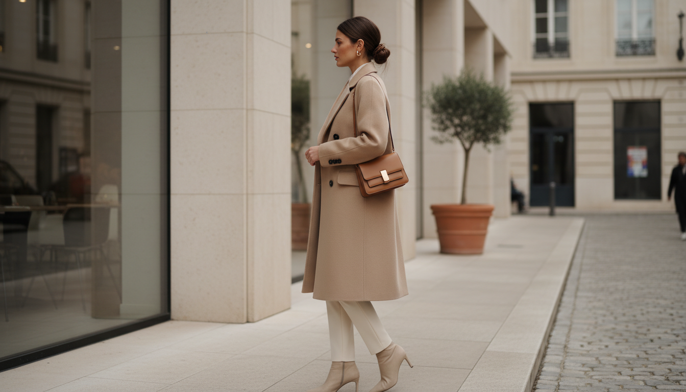 Женщина в бежевом двубортном пальто из шерсти, вид сбоку