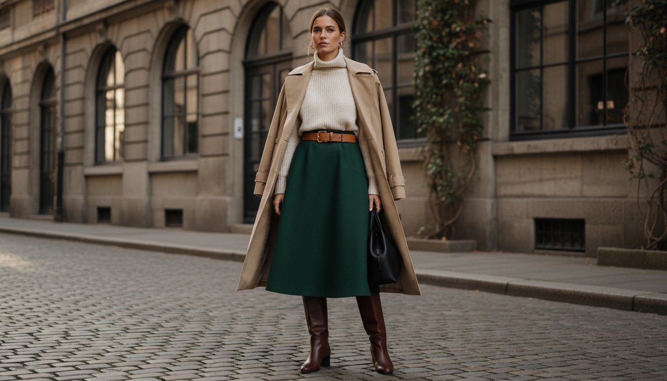 Женщина в юбке миди А-силуэта и шерстяном свитере