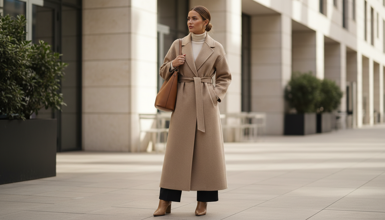 Девушка в бежевом шерстяном макси-пальто с поясом