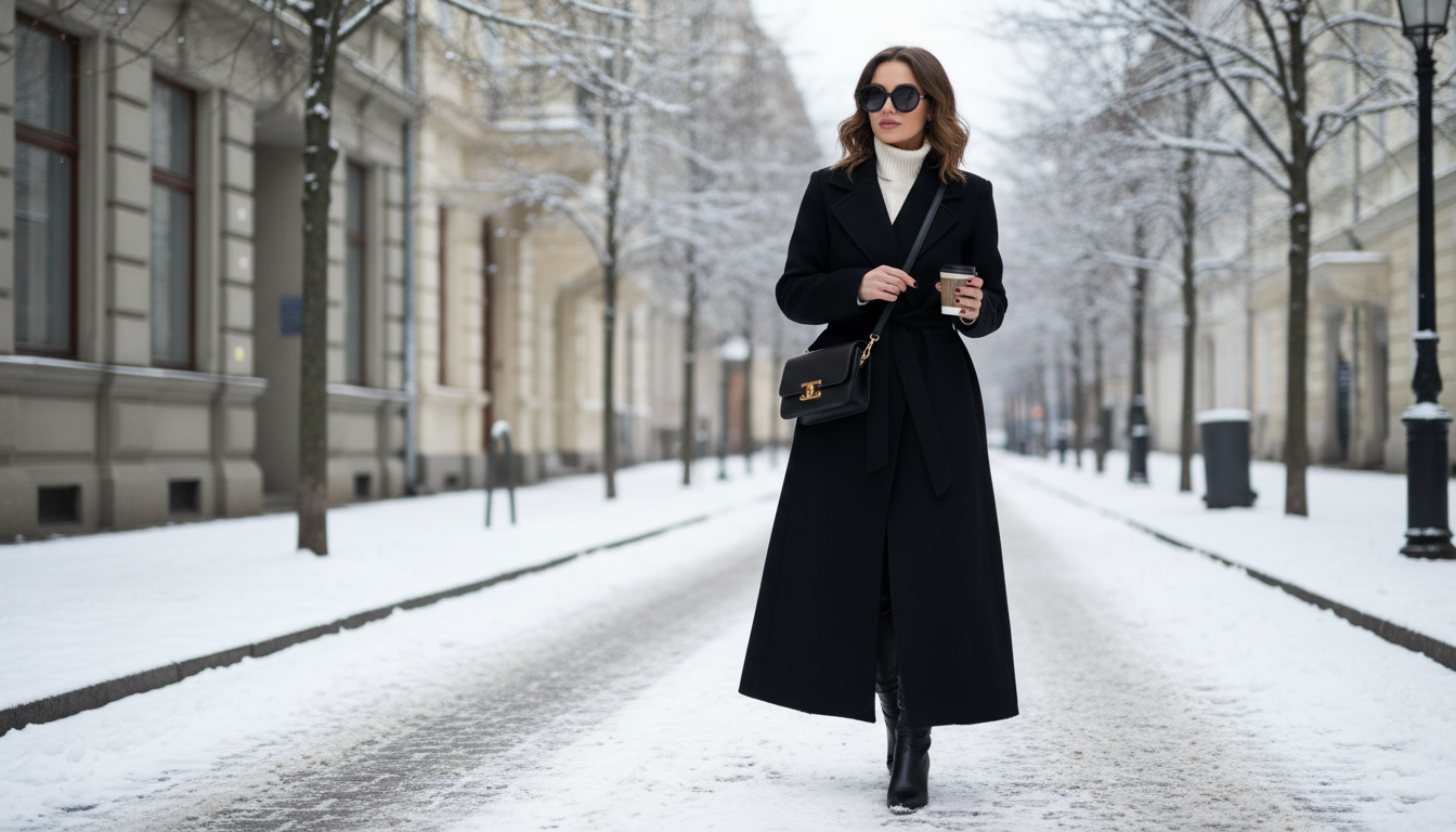 Девушка в длинном черном шерстяном пальто, идущая по заснеженной улице