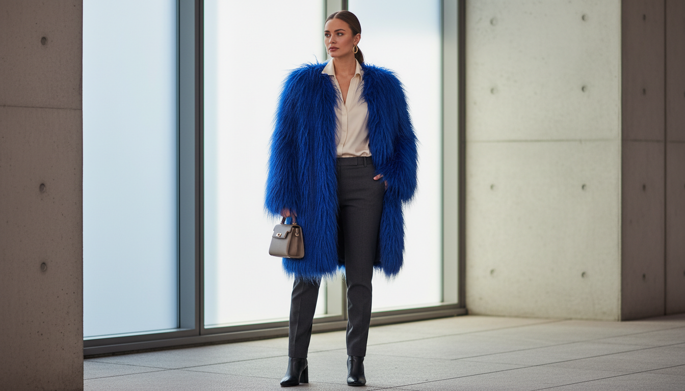 Женщина в ярко-синем пальто из искусственного меха с длинным ворсом