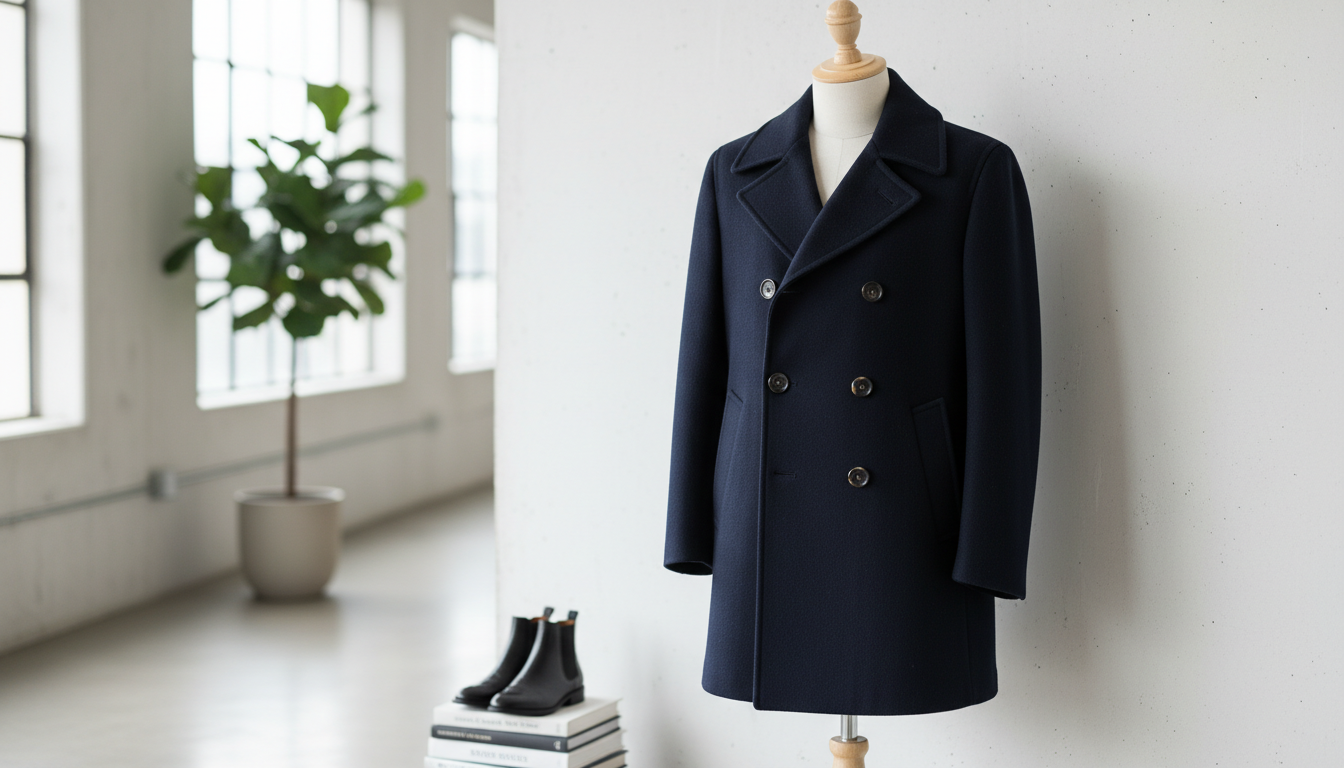 Классический двубортный бушлат темно-синего цвета с широкими лацканами