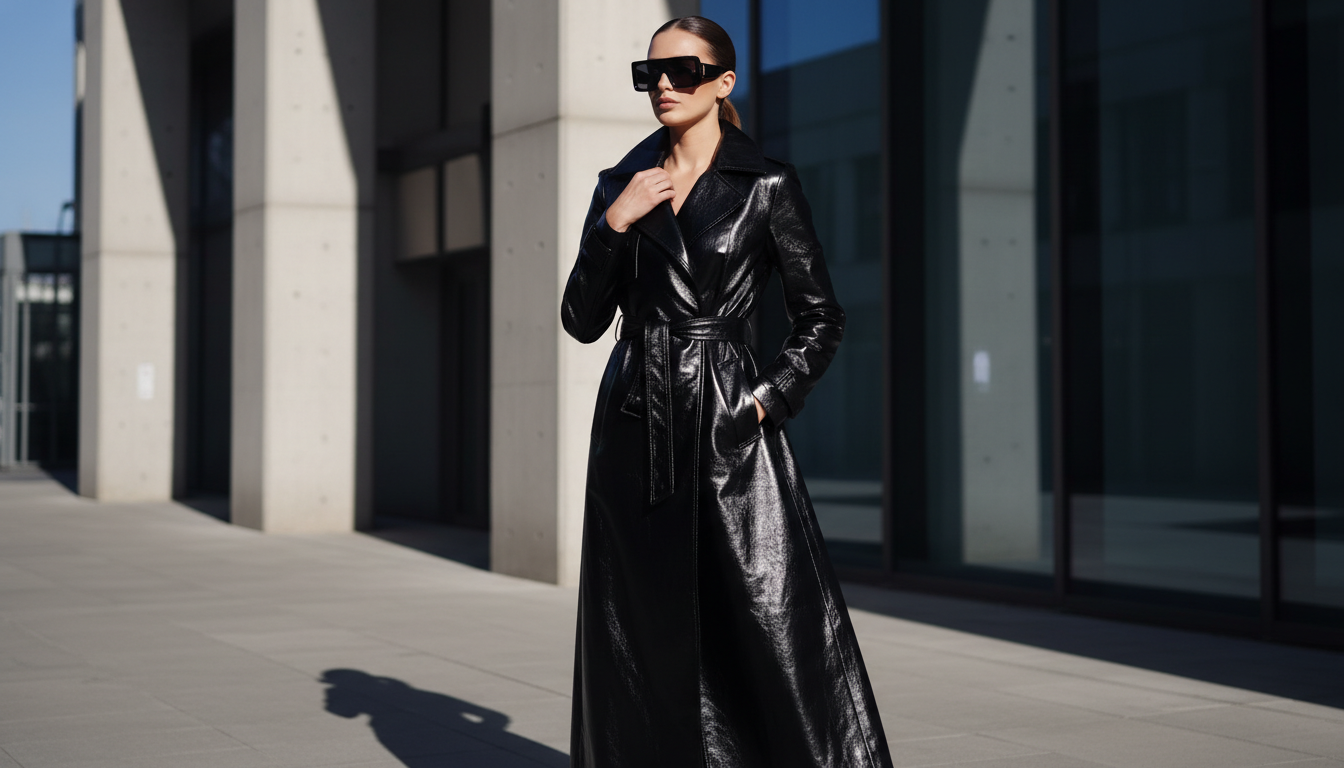 Модель в длинном черном глянцевом кожаном тренче и солнечных очках