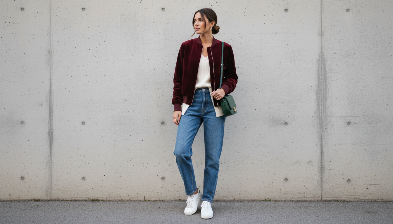 Девушка в свободных джинсах прямого кроя и бордовом бархатном бомбере.