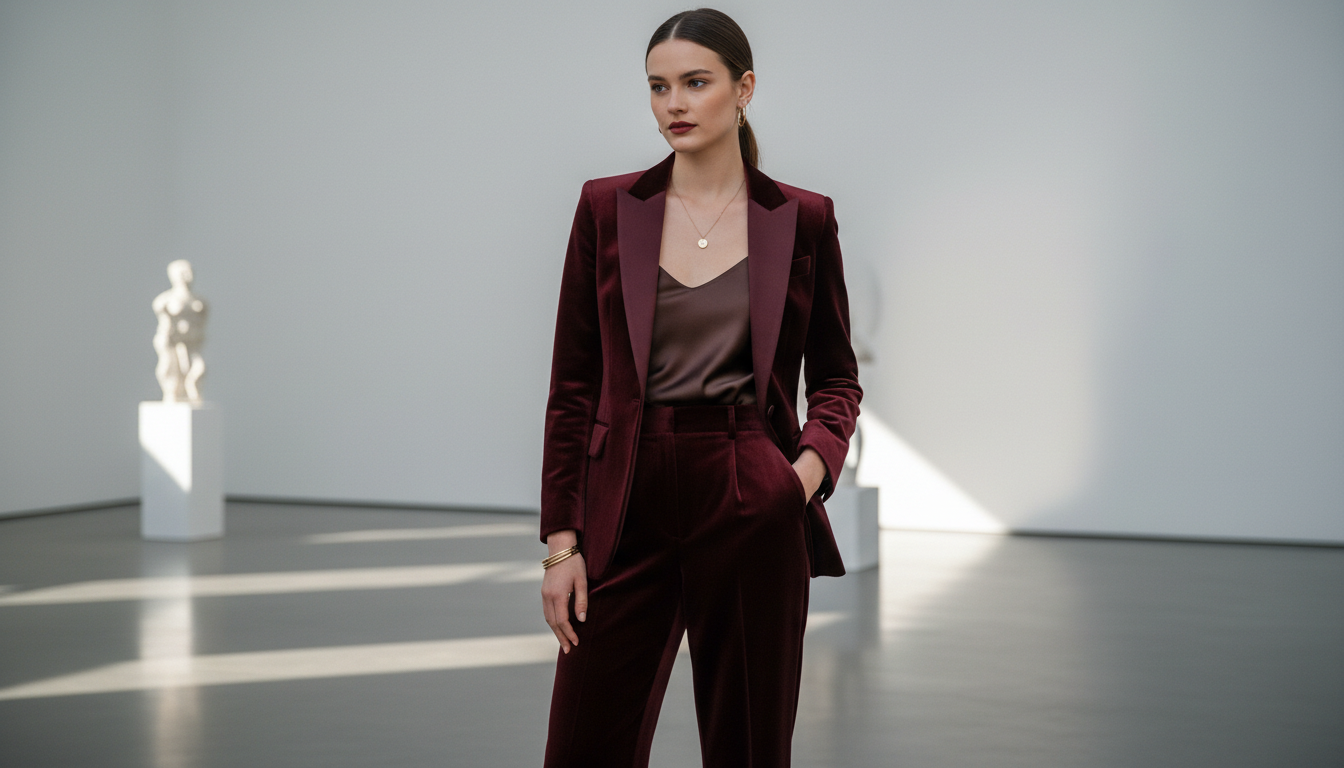 Модель в бордовом бархатном смокинге с минималистичными золотыми украшениями.