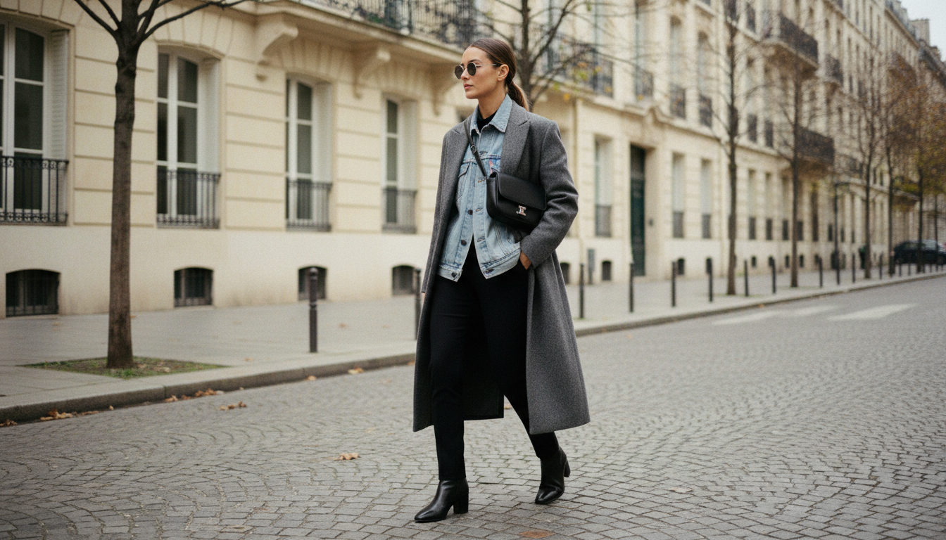 Деним-куртка оверсайз, надетая под длинное пальто