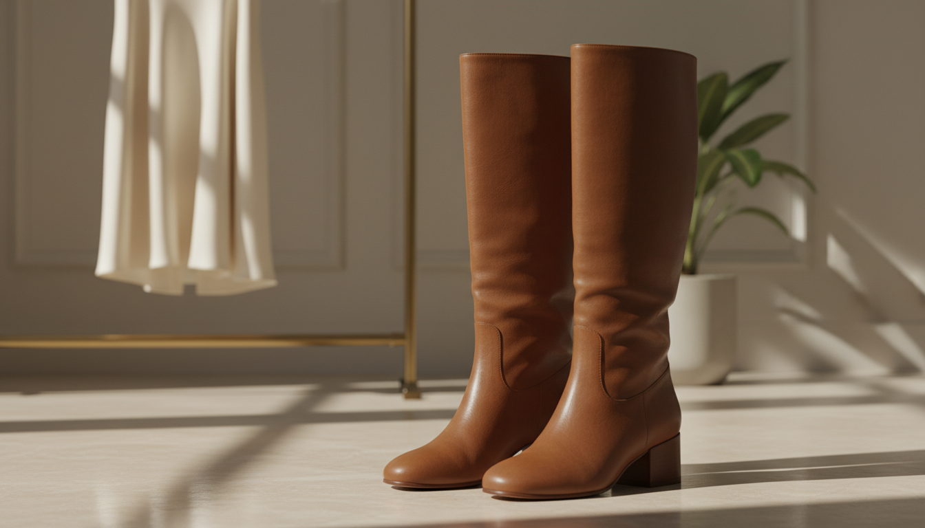 Крупный план на широкое голенище структурированных коричневых кожаных сапог.