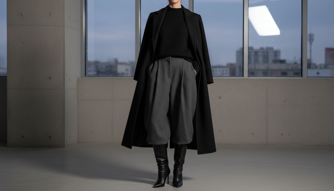 Модель в черных высоких сапогах, полностью скрытых под широкими шерстяными брюками.