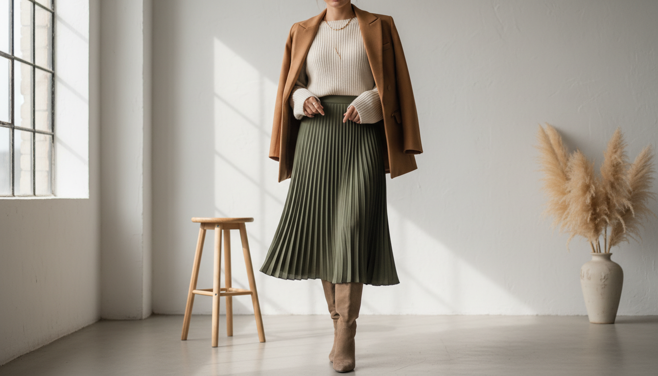 Модель в плиссированной юбке миди цвета хаки и высоких замшевых сапогах, скрытых под подолом