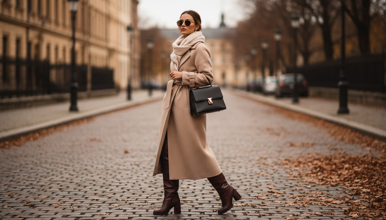 Девушка в высоких сапогах и длинном шерстяном пальто, идущая по осенней улице