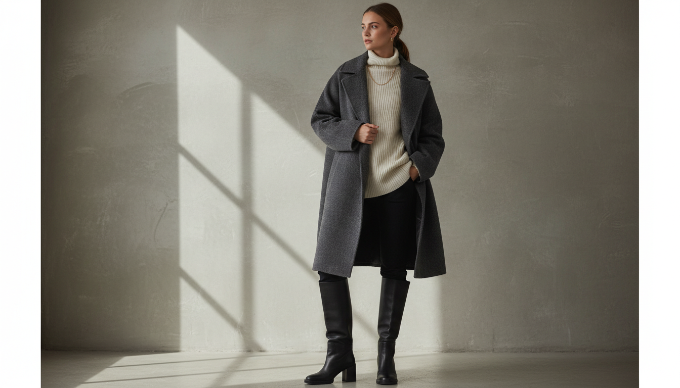 Стилизация: пальто-кокон, водолазка и высокие сапоги