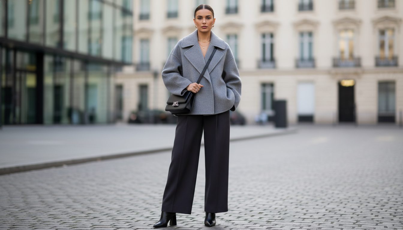 Образ с укороченным пальто-коконом и широкими брюками