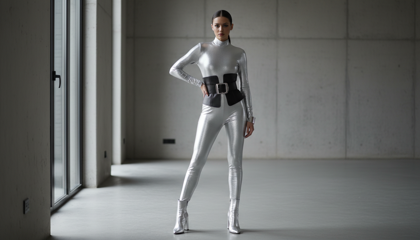 Девушка в тотал-серебряном комбинезоне с массивным черным ремнем.