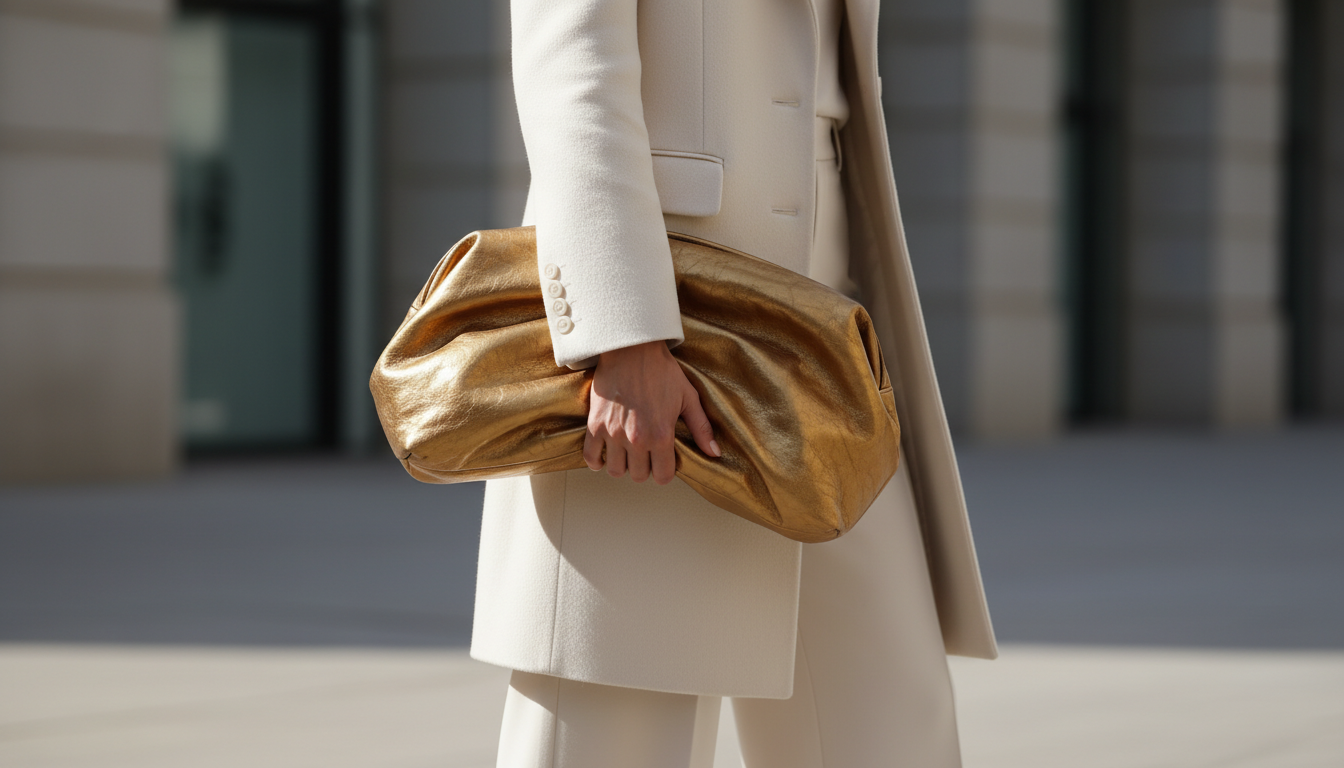 Массивная сумка-клатч из золотистой мятой кожи.