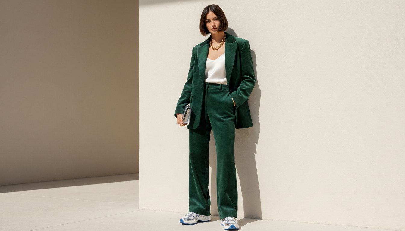 Модель в вельветовом костюме с футуристичными кроссовками