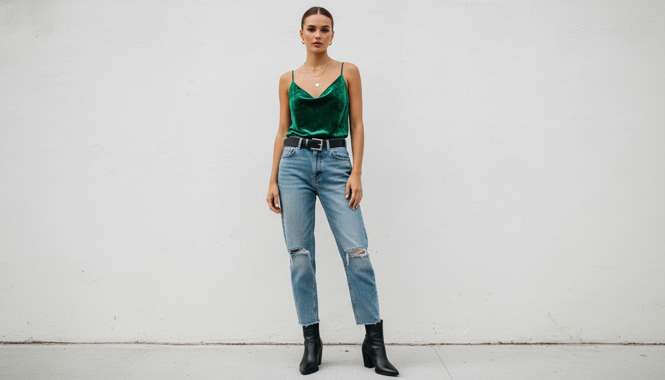 Стилизованное сочетание бархатного топа и грубых джинсов