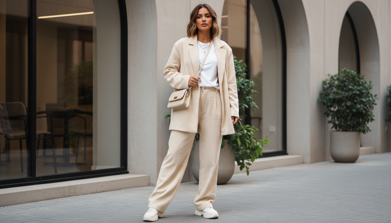 Стильный вельветовый костюм оверсайз кремового цвета