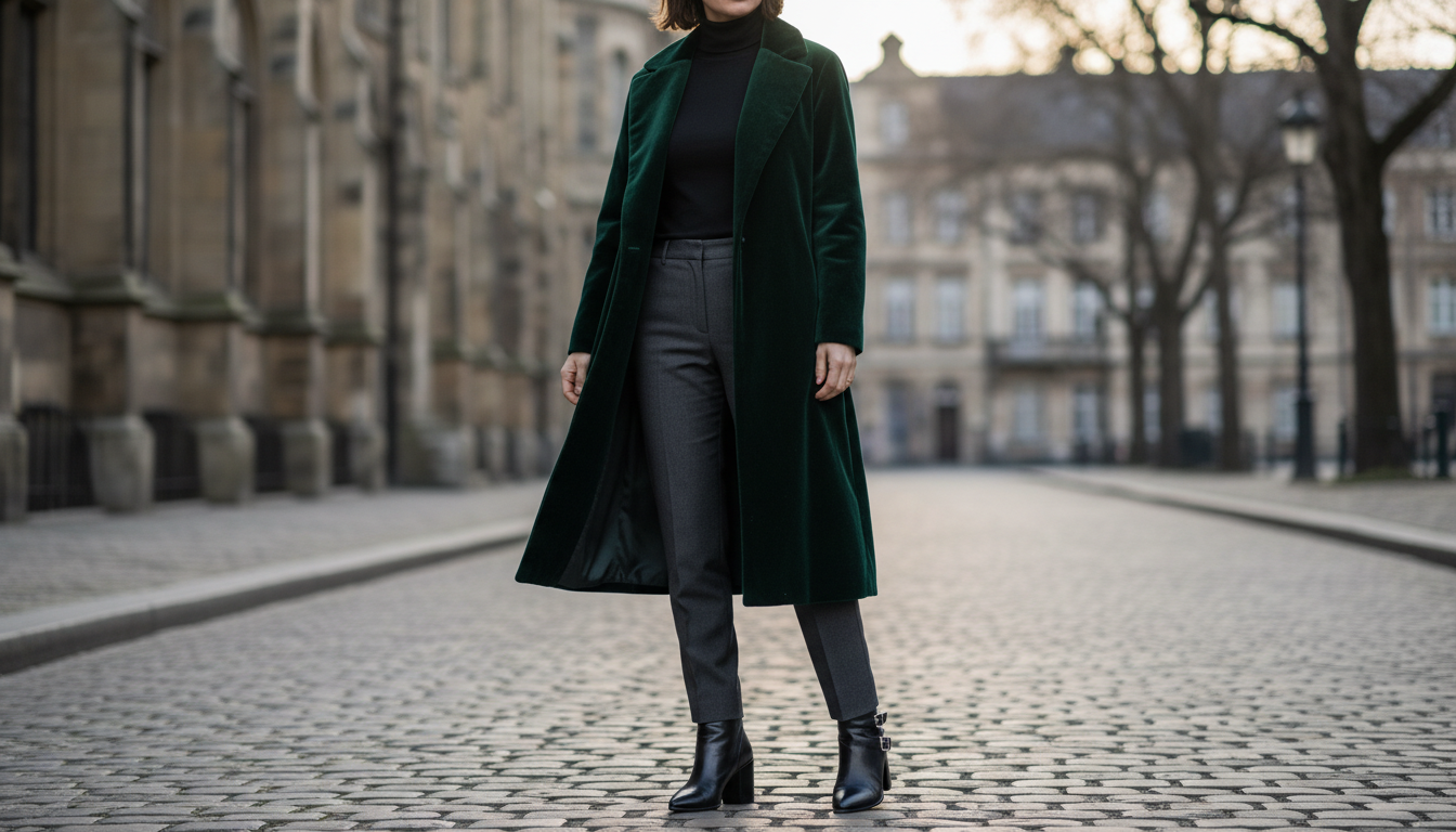 Финальный образ с бархатным пальто и стильными ботинками