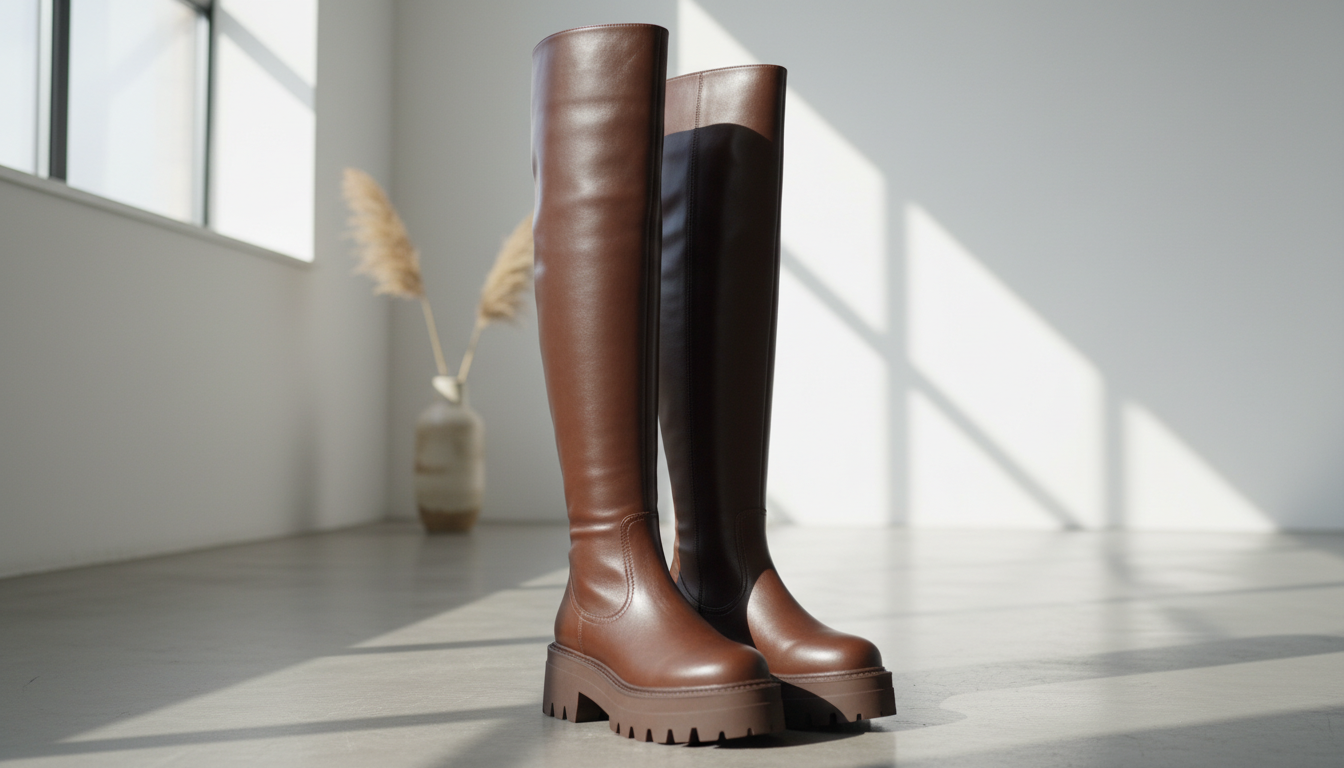 Коричневые кожаные ботфорты на массивной плоской подошве