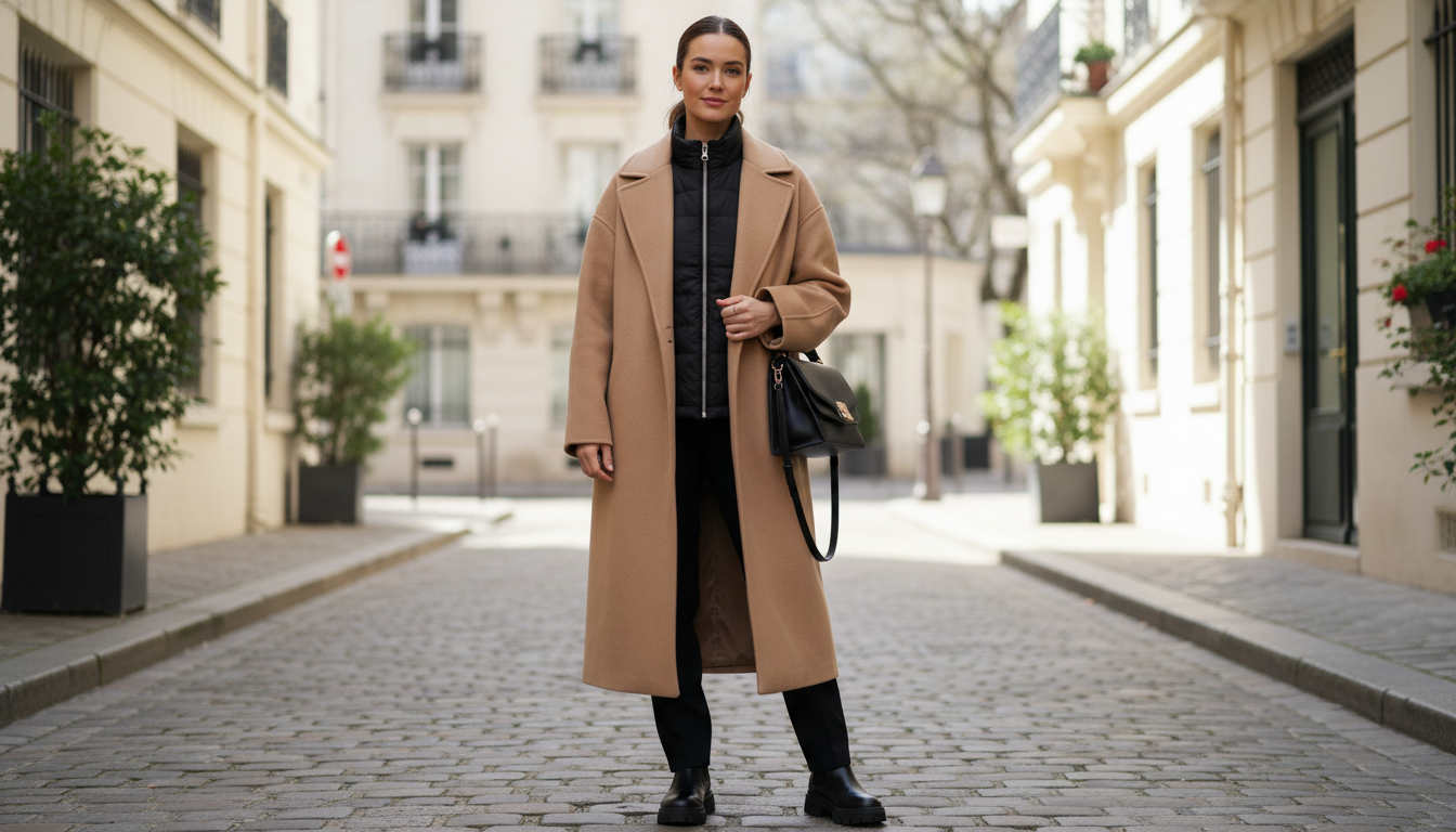 Девушка в бежевом пальто, поверх которого надет тонкий черный стеганый жилет.