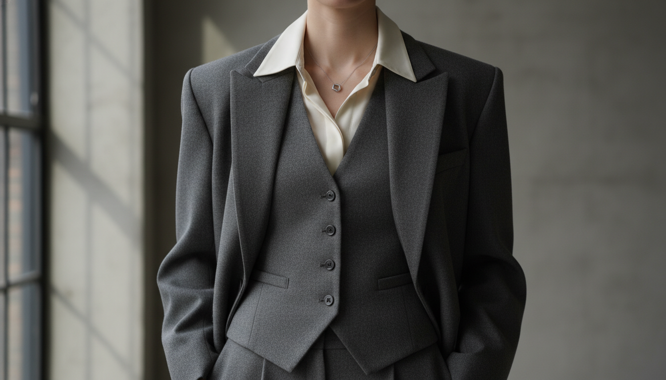 Стилизованный жилет, надетый под оверсайз блейзер, демонстрирующий многослойность воротников.