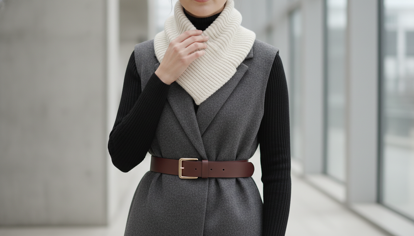 Модный шарф-воротник, надетый поверх жилета и водолазки, зафиксированный поясом.