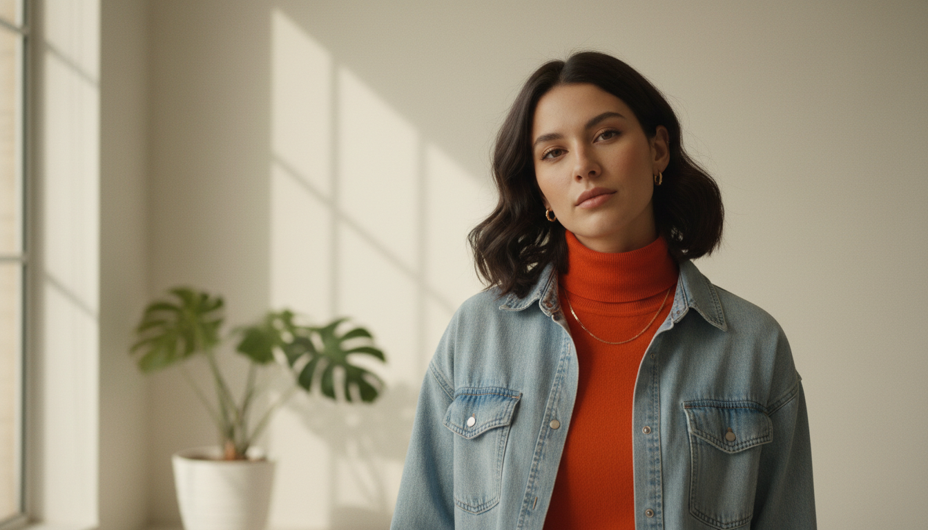 Девушка в яркой водолазке под расстегнутой джинсовой рубашкой.