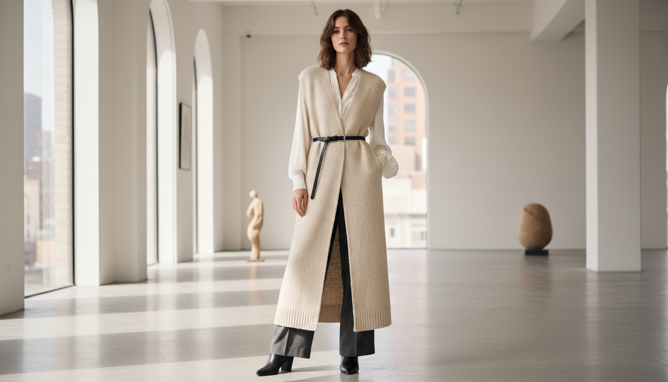 Модель в длинном вязаном жилете, подпоясанном тонким ремнем.