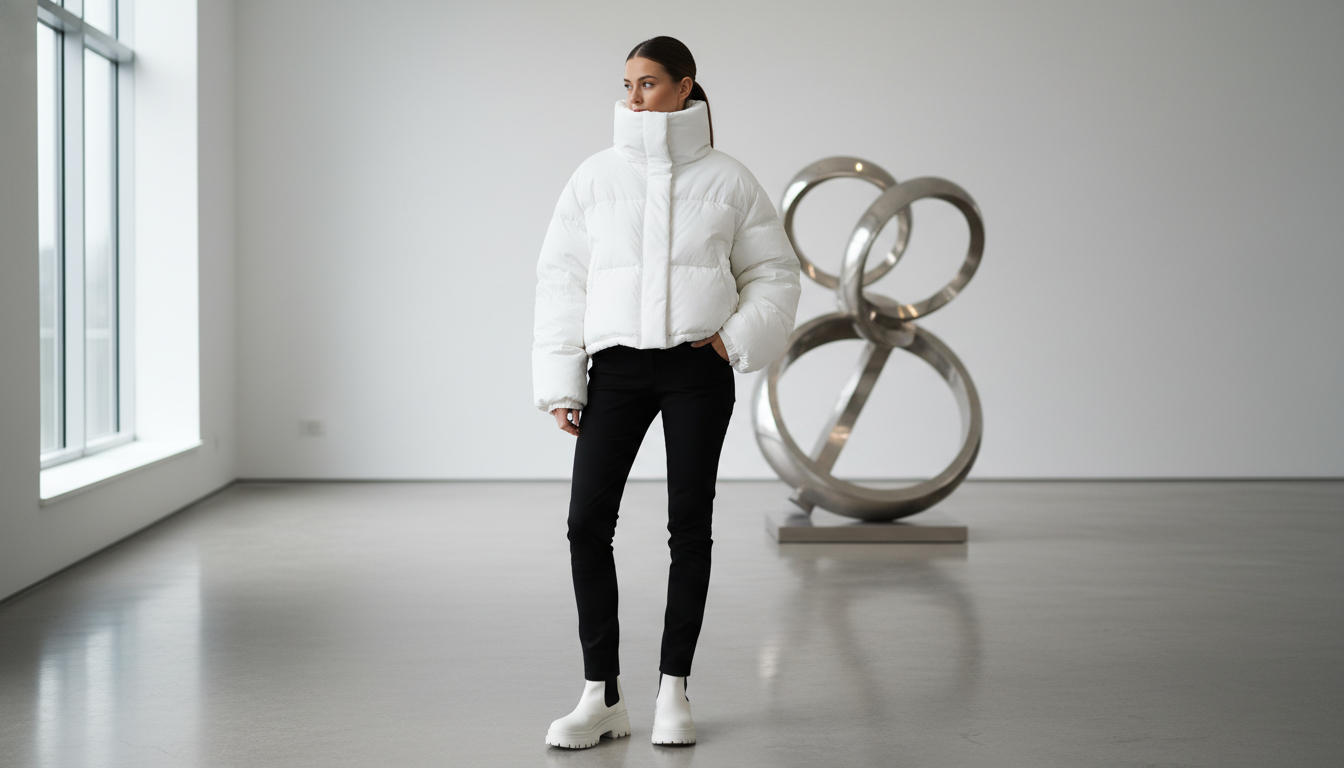 Девушка в укороченном, но очень объемном белом пуховике с высоким воротником