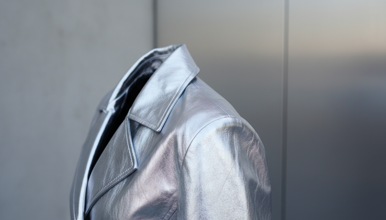 Крупный план серебристой металлизированной кожаной куртки или брюк.
