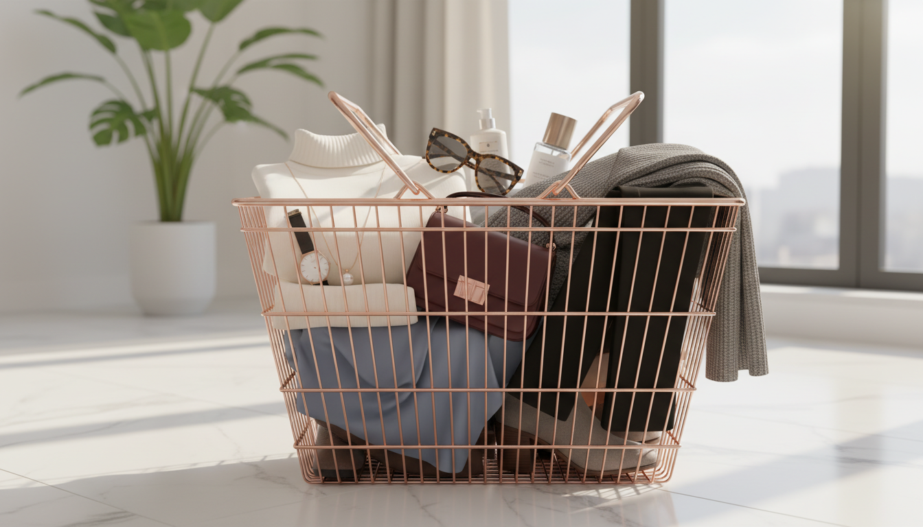 корзина для покупок, наполненная высококачественными вещами