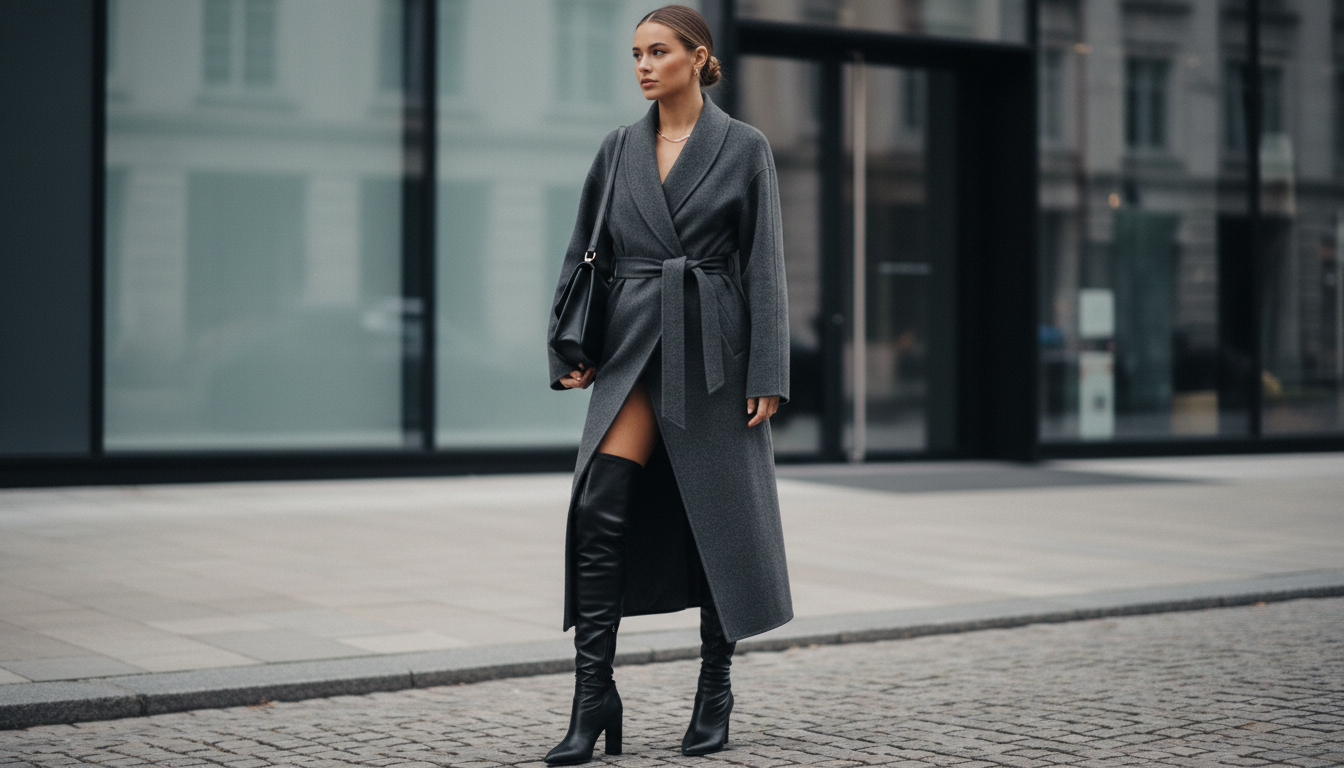 Модель в черных ботфортах-чулках и сером пальто-халате