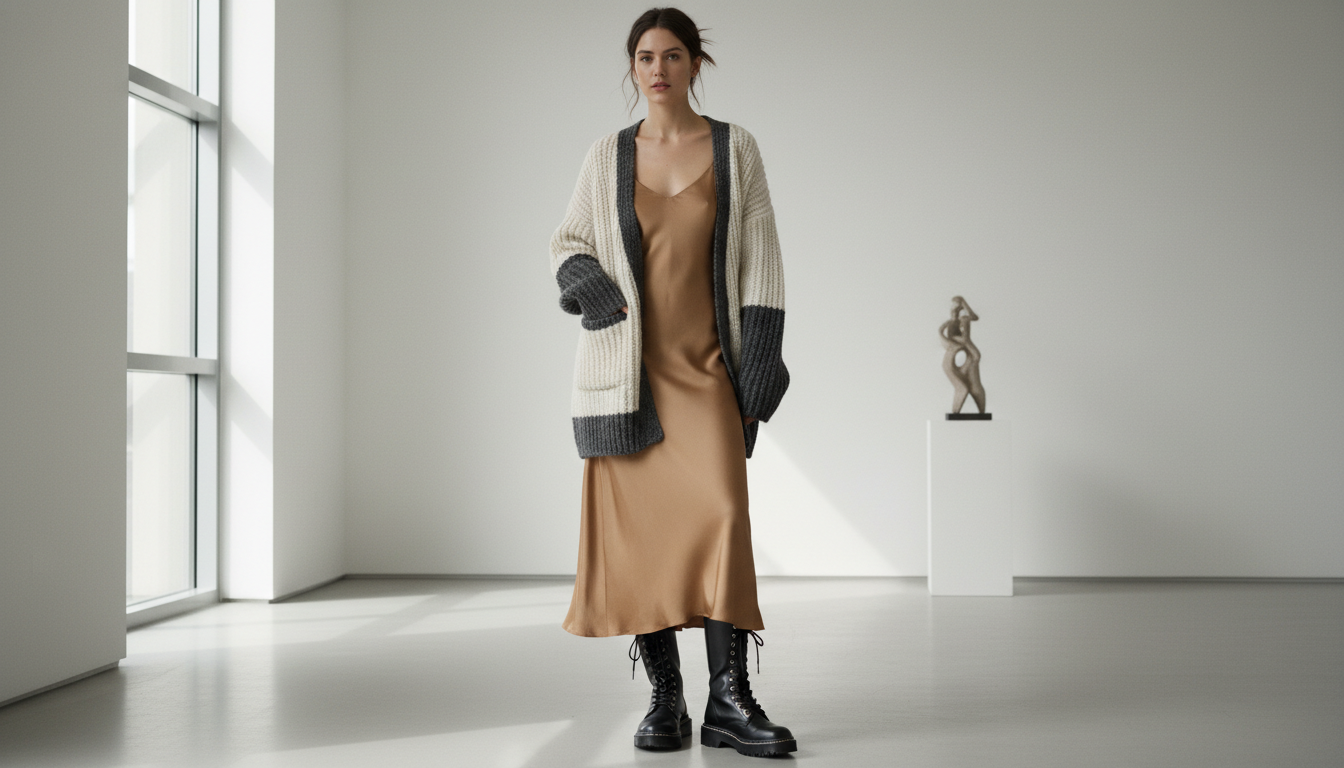 Стилизованный многослойный образ: платье, кардиган и массивные ботинки