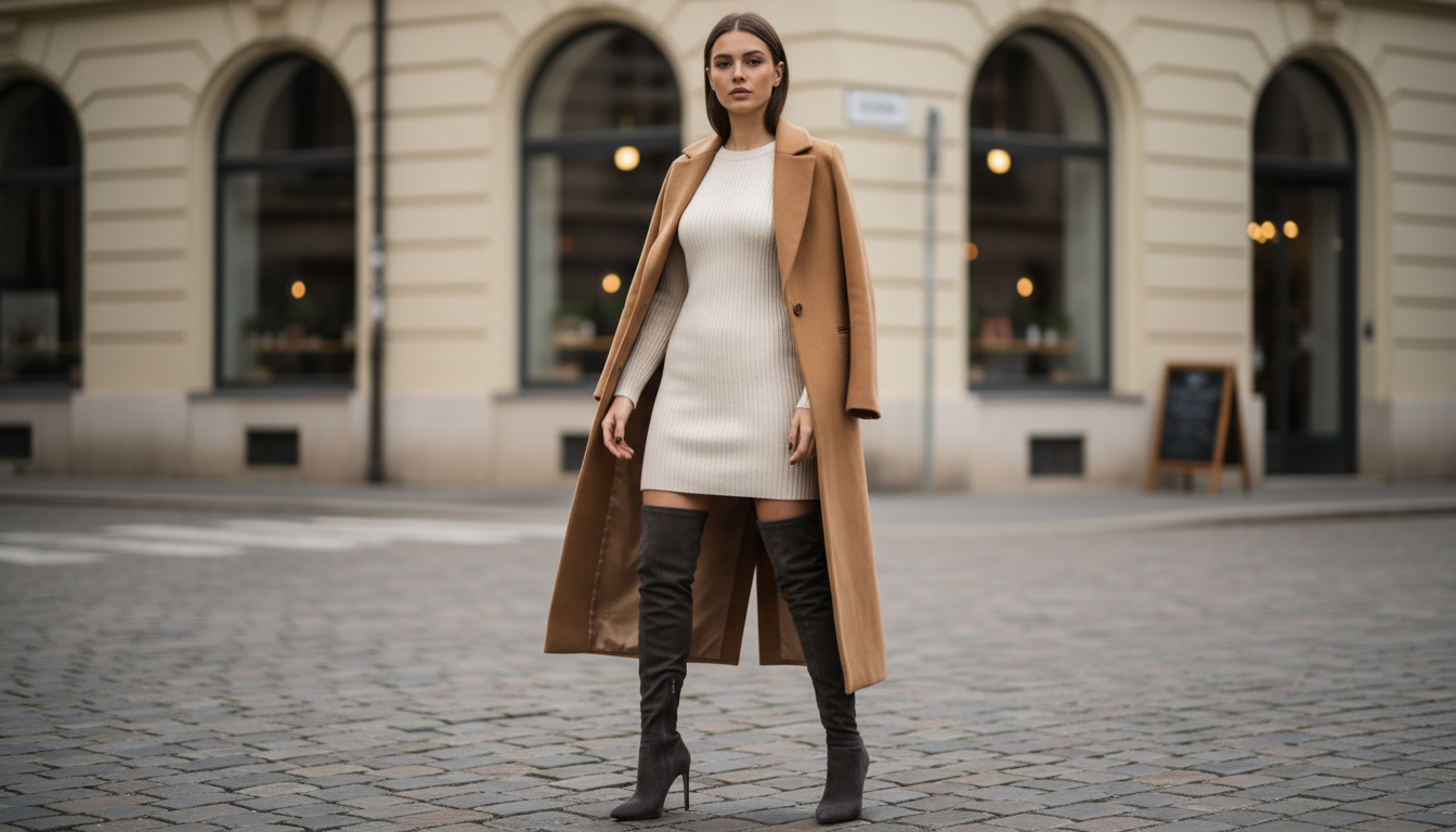 Модель в высоких замшевых ботфортах и коротком трикотажном платье, дополненном длинным пальто.