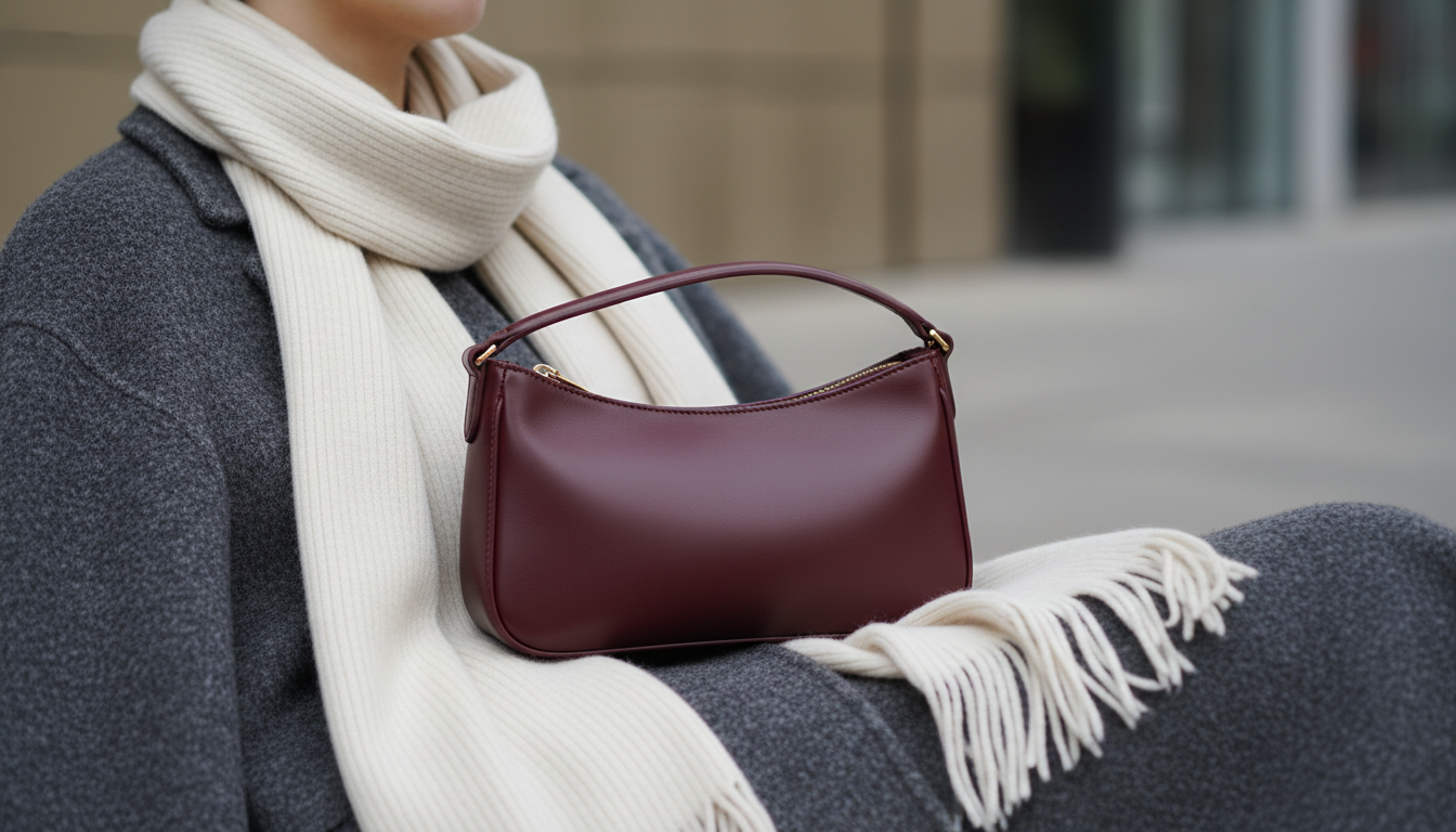 Бордовая сумка-багет на фоне серого пальто и бежевого шарфа