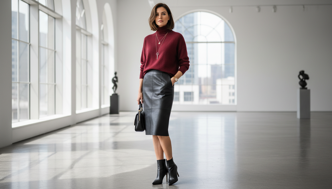 Женщина в бордовом кашемировом свитере и кожаной юбке