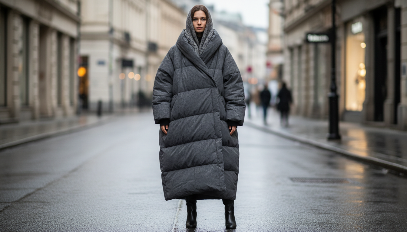 Длинный пуховик-одеяло в оттенке мокрого асфальта