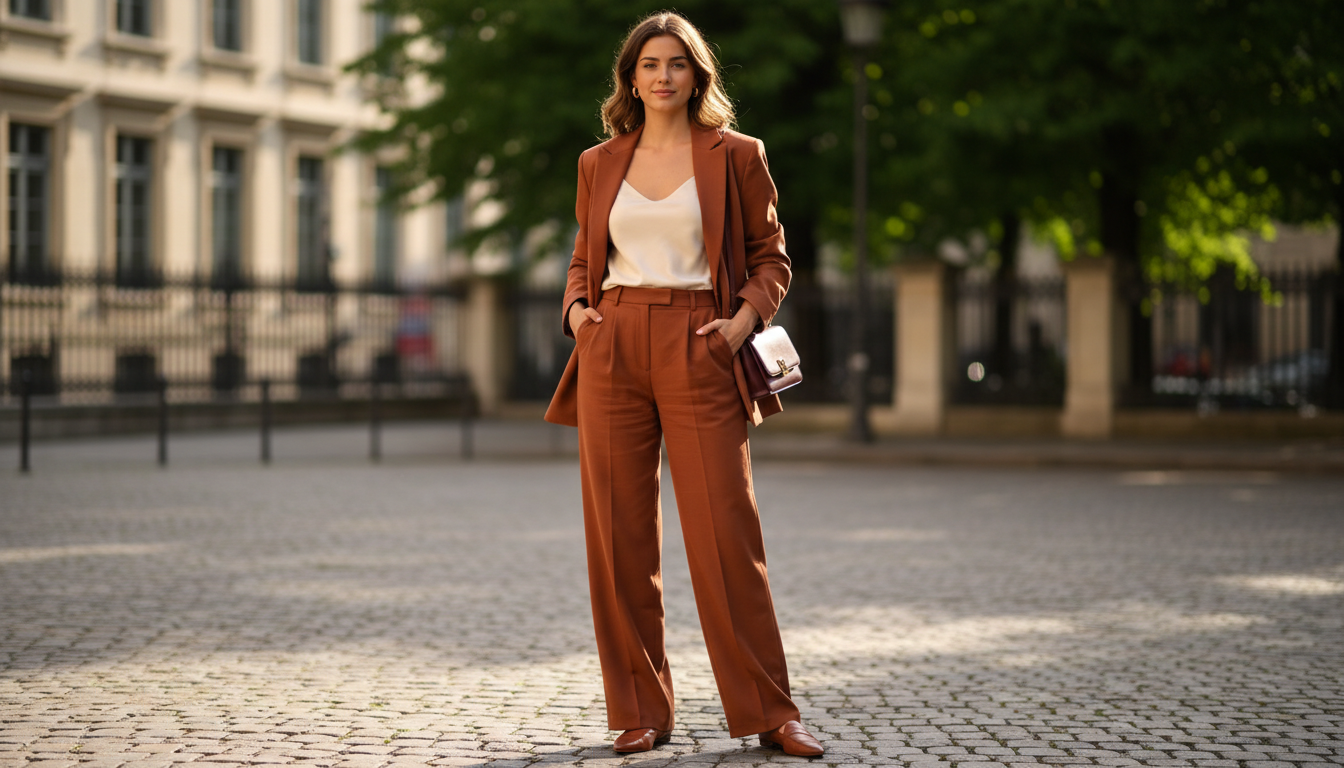 Девушка в брючном костюме цвета терракоты на улице города