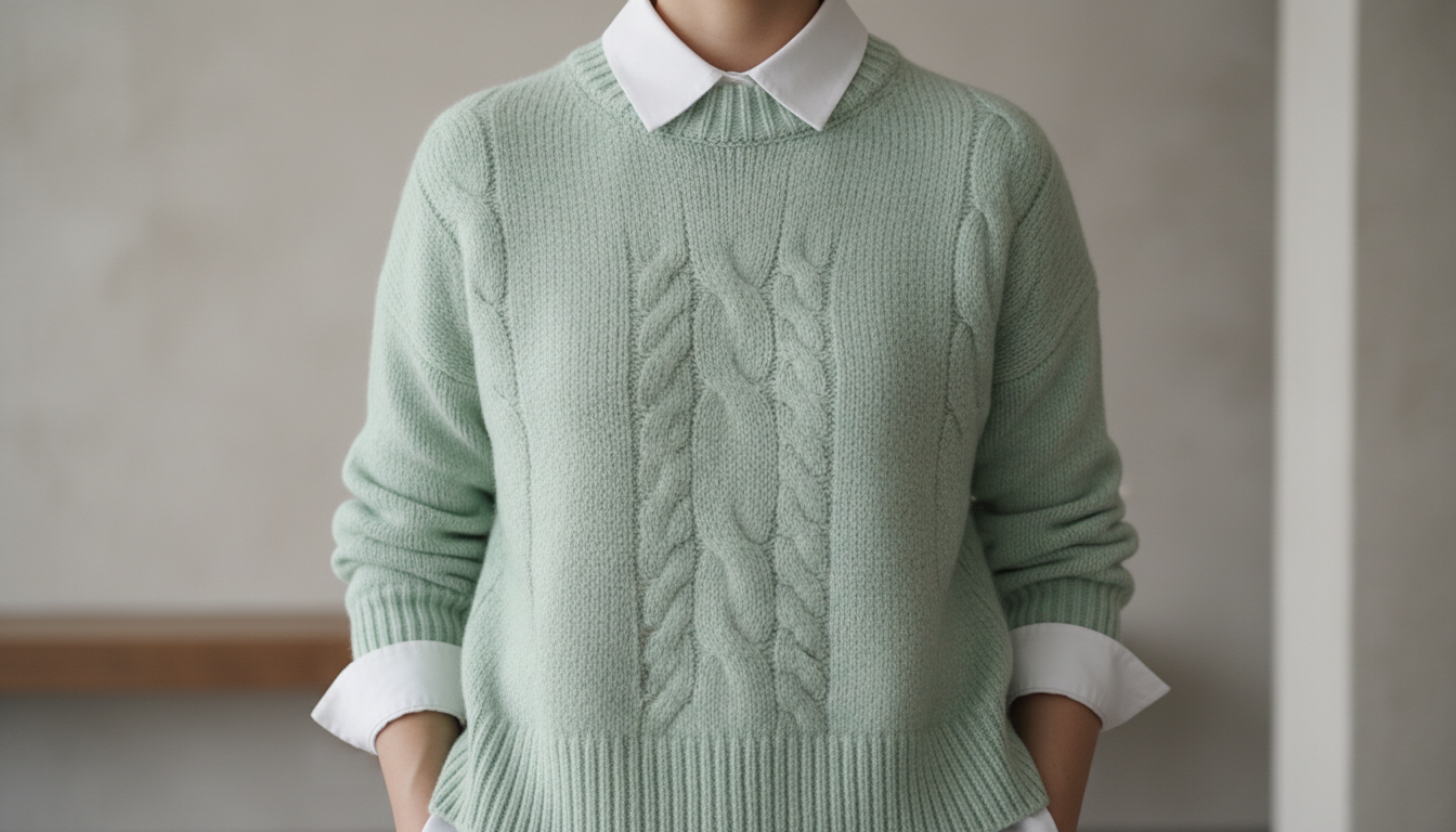 Крупный план вязаного свитера цвета Iced Pistachio, надетый поверх белой рубашки.