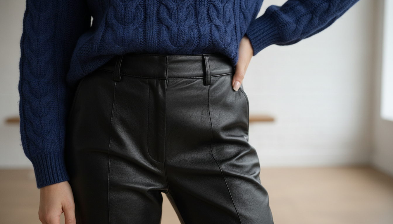 Кожаные брюки и кобальтовый свитер крупным планом.