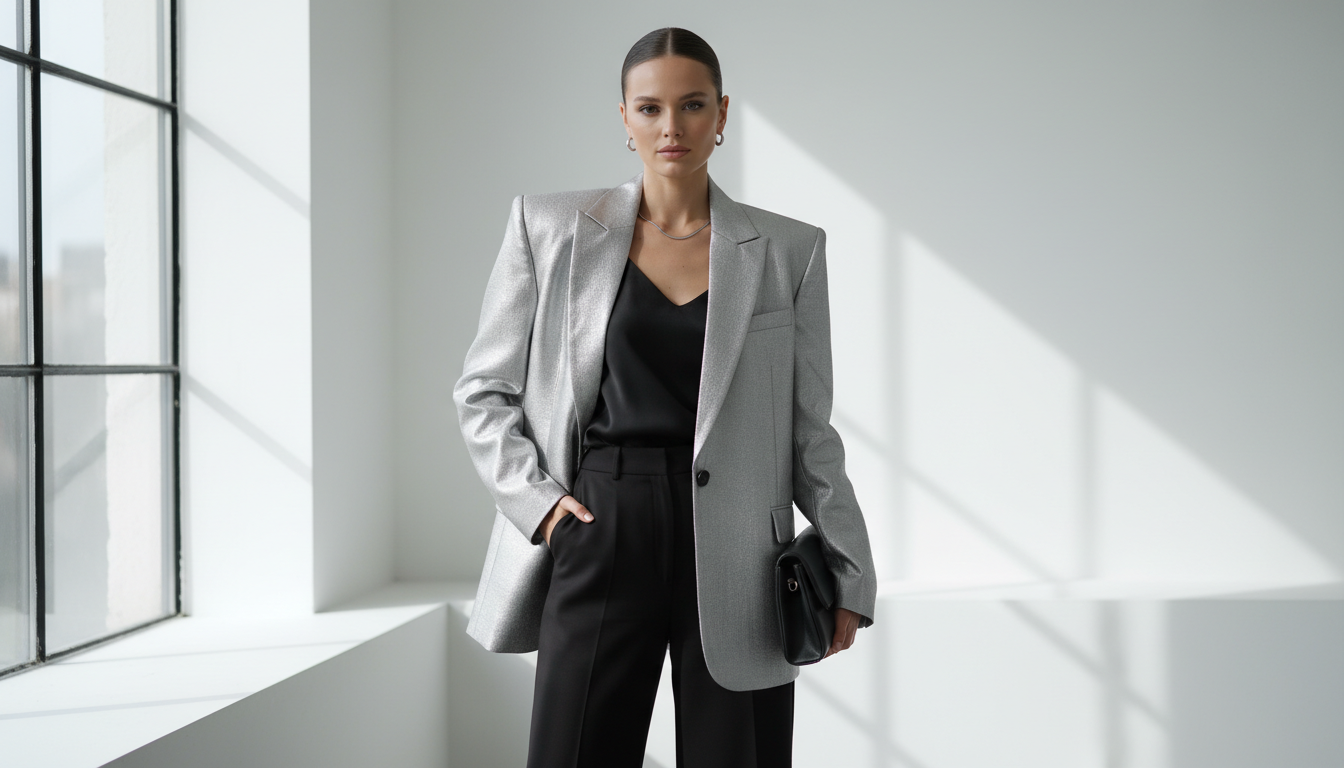 Серебристый оверсайз блейзер с акцентными плечами