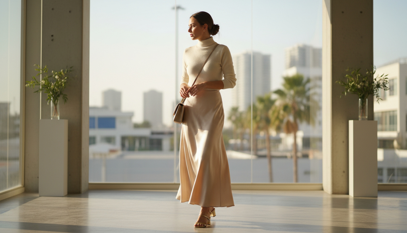 Атласная юбка макси в цвете шампанского