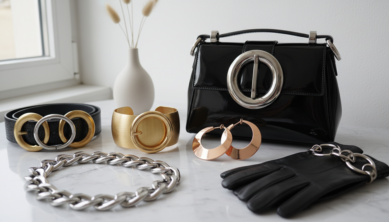 Аксессуары с крупными металлическими деталями и глянцевой текстурой