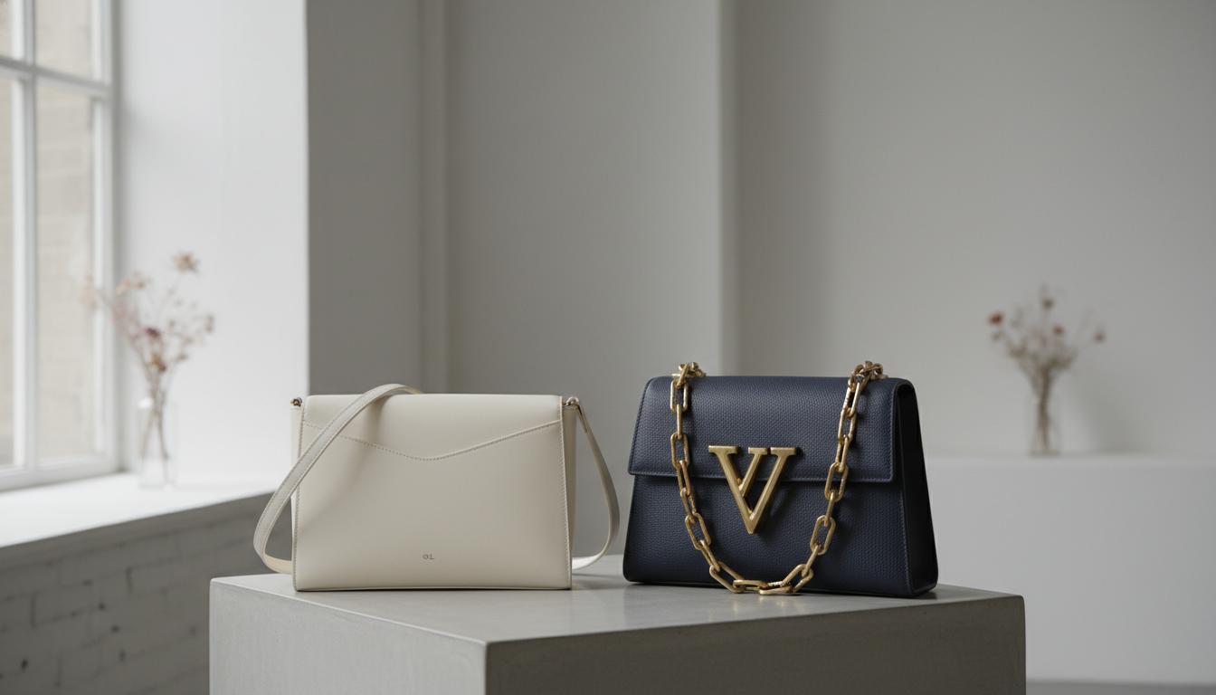 Сравнение двух сумок: одна минималистичная (QL), вторая структурированная с необычной фурнитурой (VV)