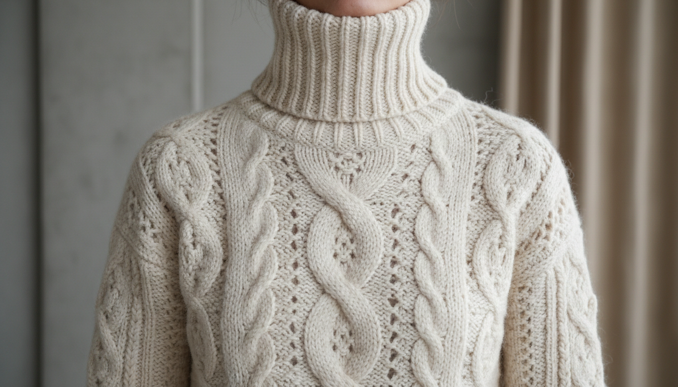 Крупный план вязаного свитера с необычной текстурой и высоким воротником