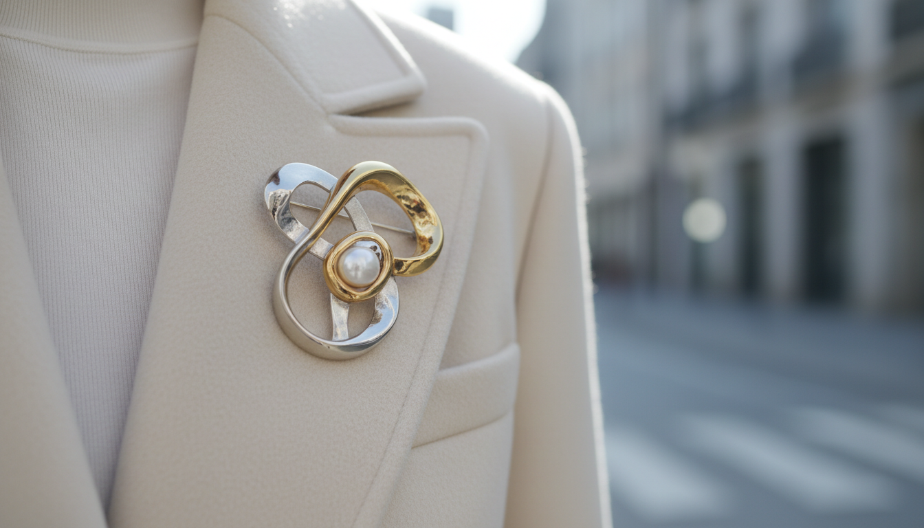 Аксессуары: крупная металлическая брошь на лацкане пальто