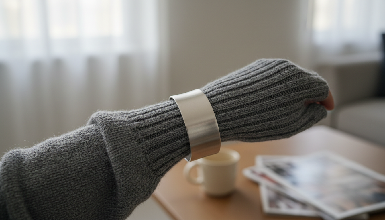 Браслет-манжета, надетый поверх рукава толстого серого свитера